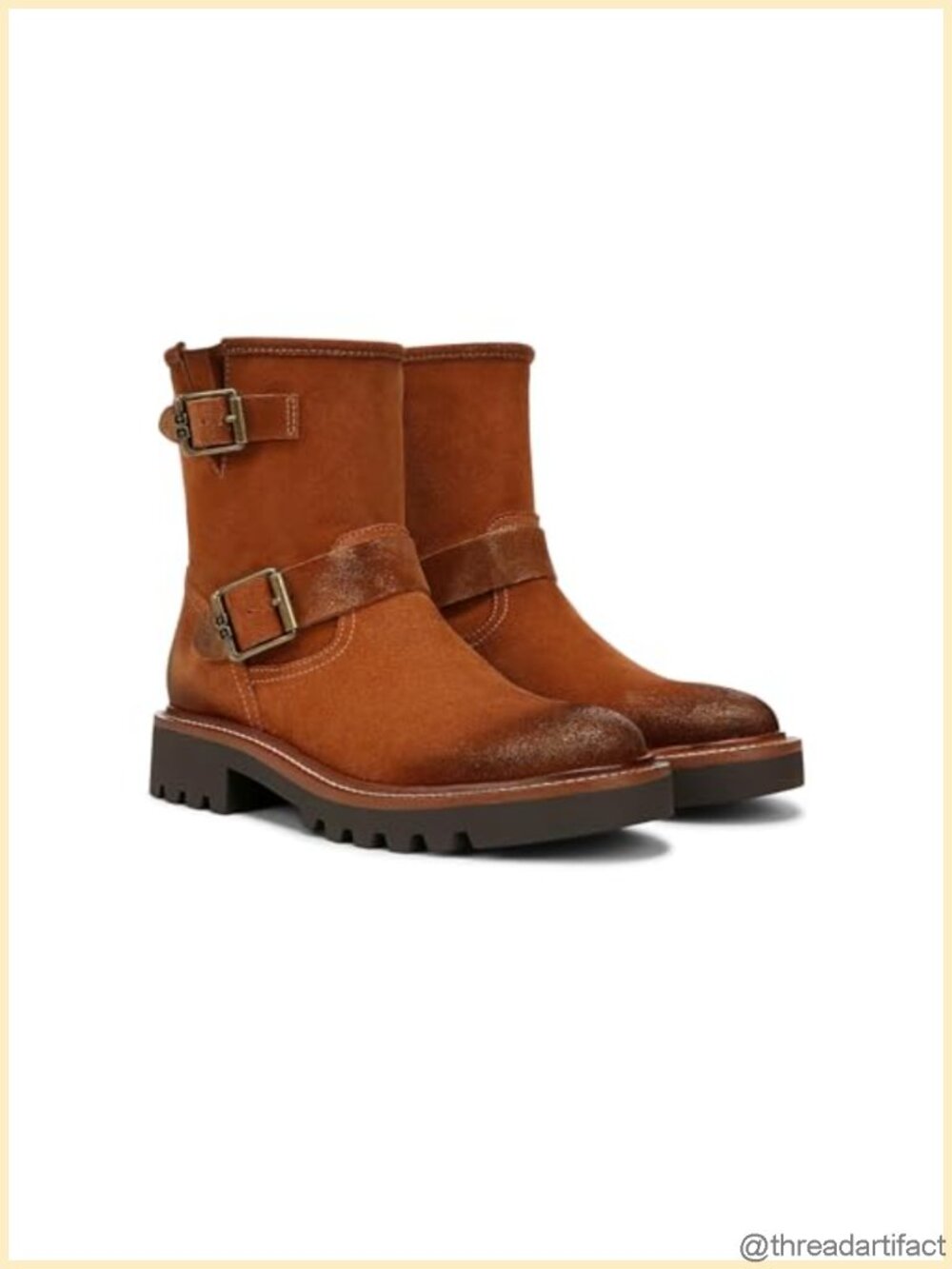 Leather Moto Ankle Bootie Double Buckle Block Heel Round Toe Boot
